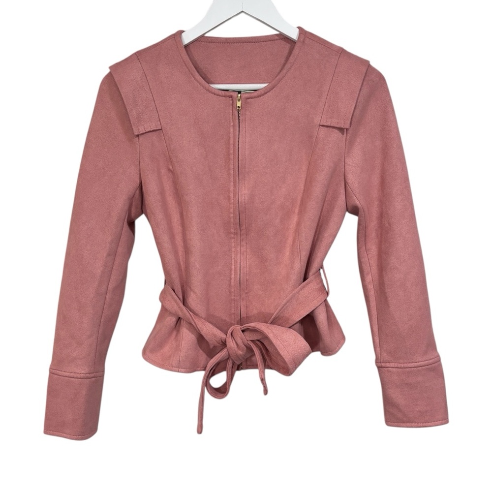 RYEGRASS Faux Suede Light Pink Cropped Moto Zip Up Blazer Jacket With Belt Sz 2
